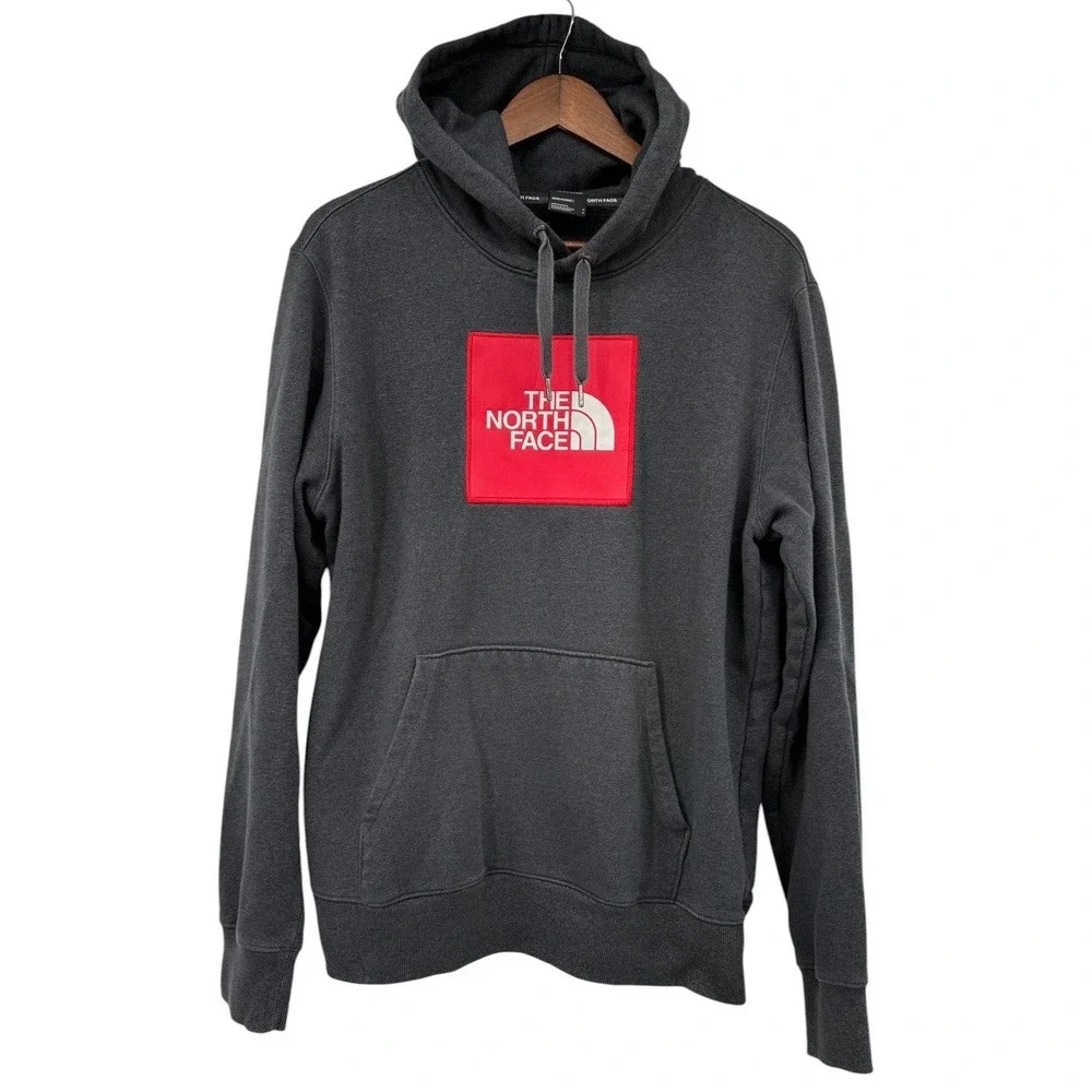 The North Face Hoodie Men's Medium Gray Red Box Logo Pullover Sweatshirt